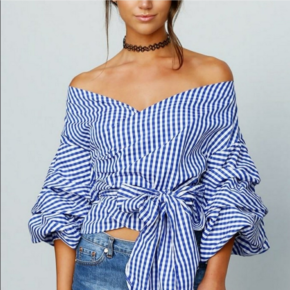 Blue Gingham Off-Shoulder Blouse